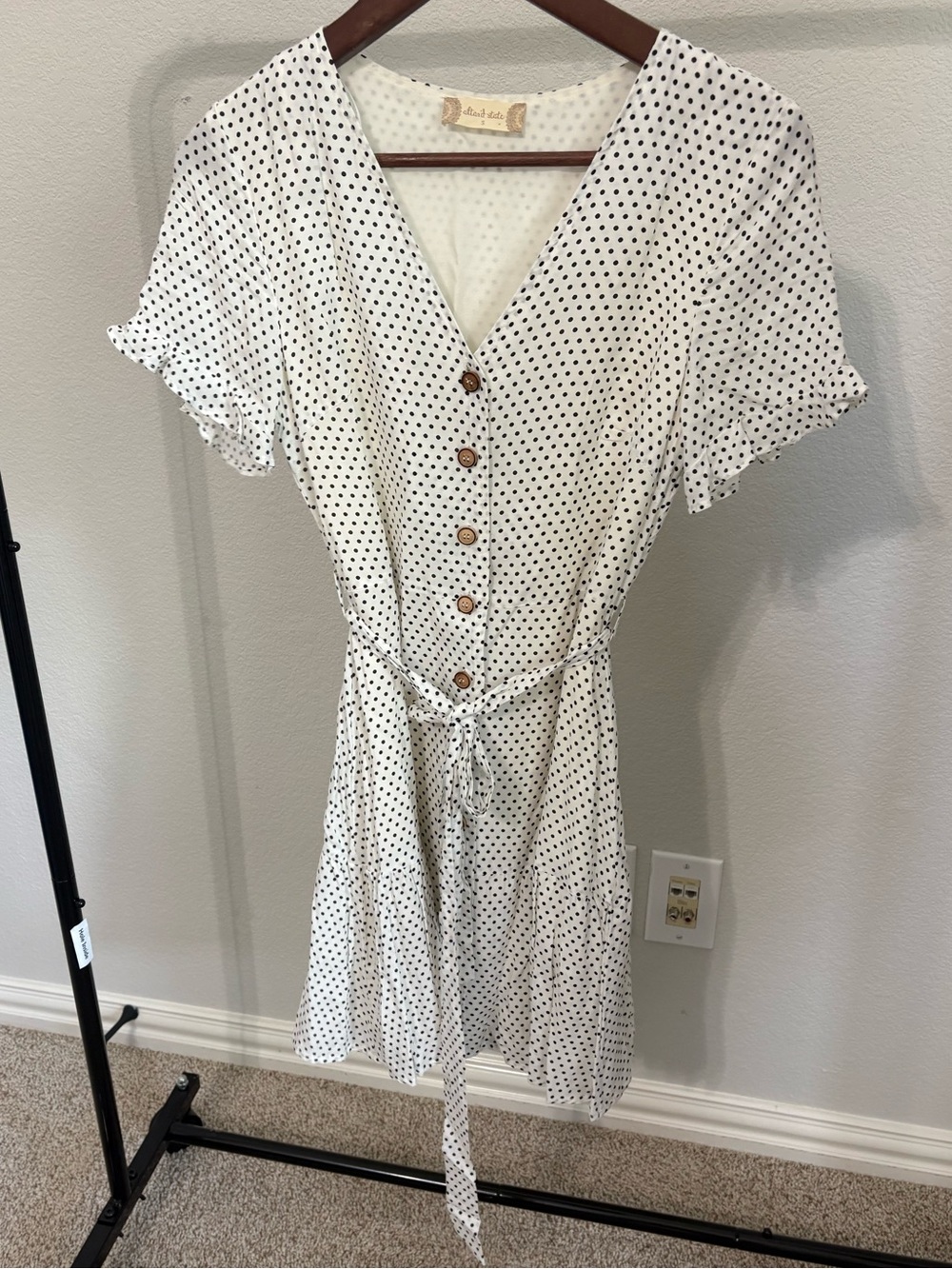 Altar’d State White Polka Dot Button Front Tie Waist Mini Dress